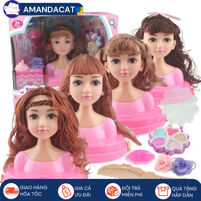 Đồ chơi đầu búp bê trang điểm, làm tóc đa dạng, hiệu ứng nhạc và đèn thú vị, Bé tập trang điểm, làm tóc cho búp bê