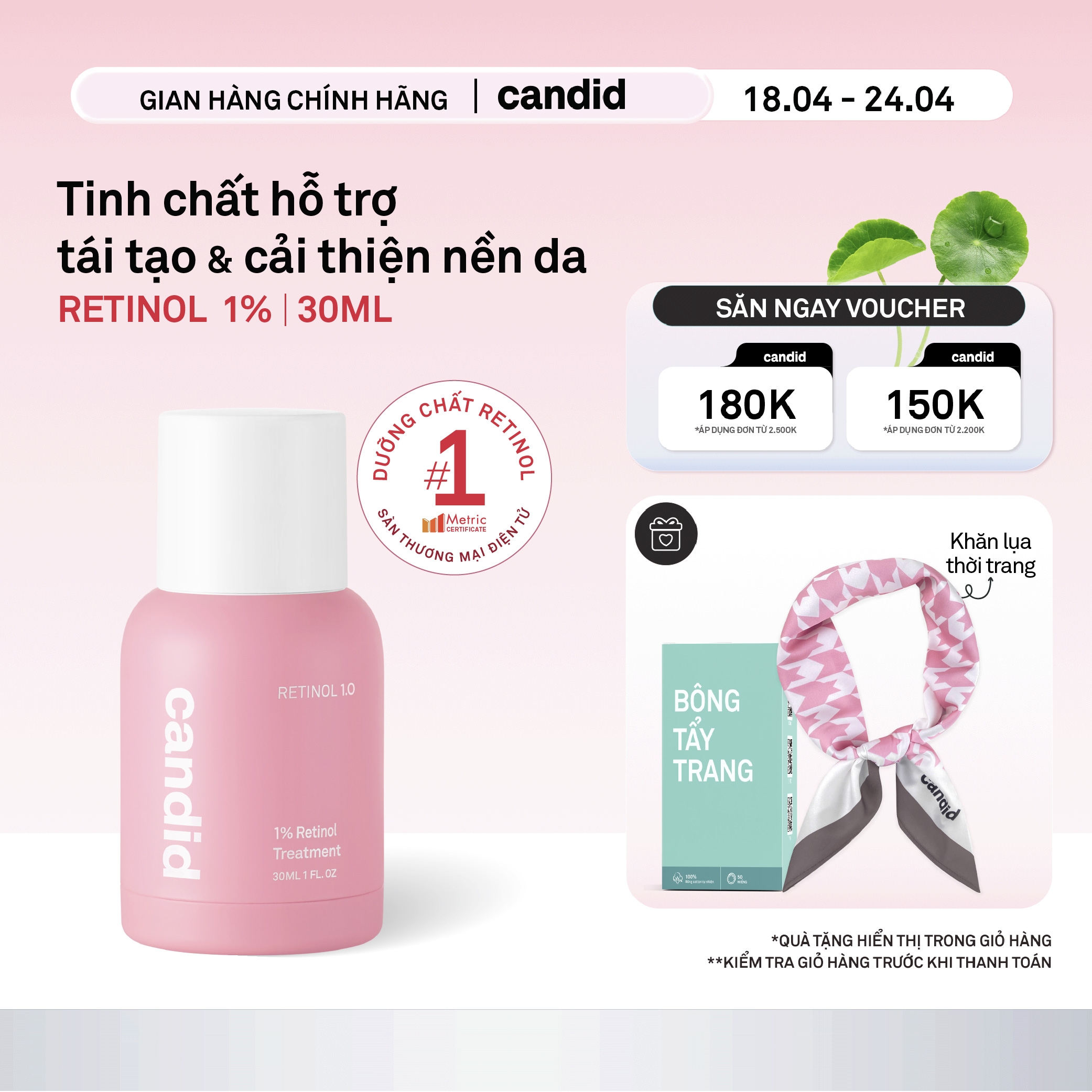 Hoạt chất Retinol 1% hỗ trợ cải thiện nền da Candid 1% Retinol Treatment 30ml