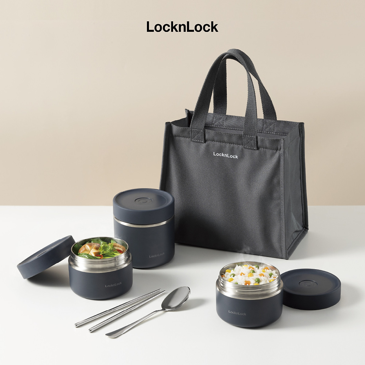 (MẪU CŨ - MỚI) Bộ hộp cơm giữ nhiệt Lock & Lock (Lock n Lock) Lunch Box LHC8052S01 / LHC8052S02 3 hộp giữ nhiệt kèm túi, muỗng đũa màu xanh