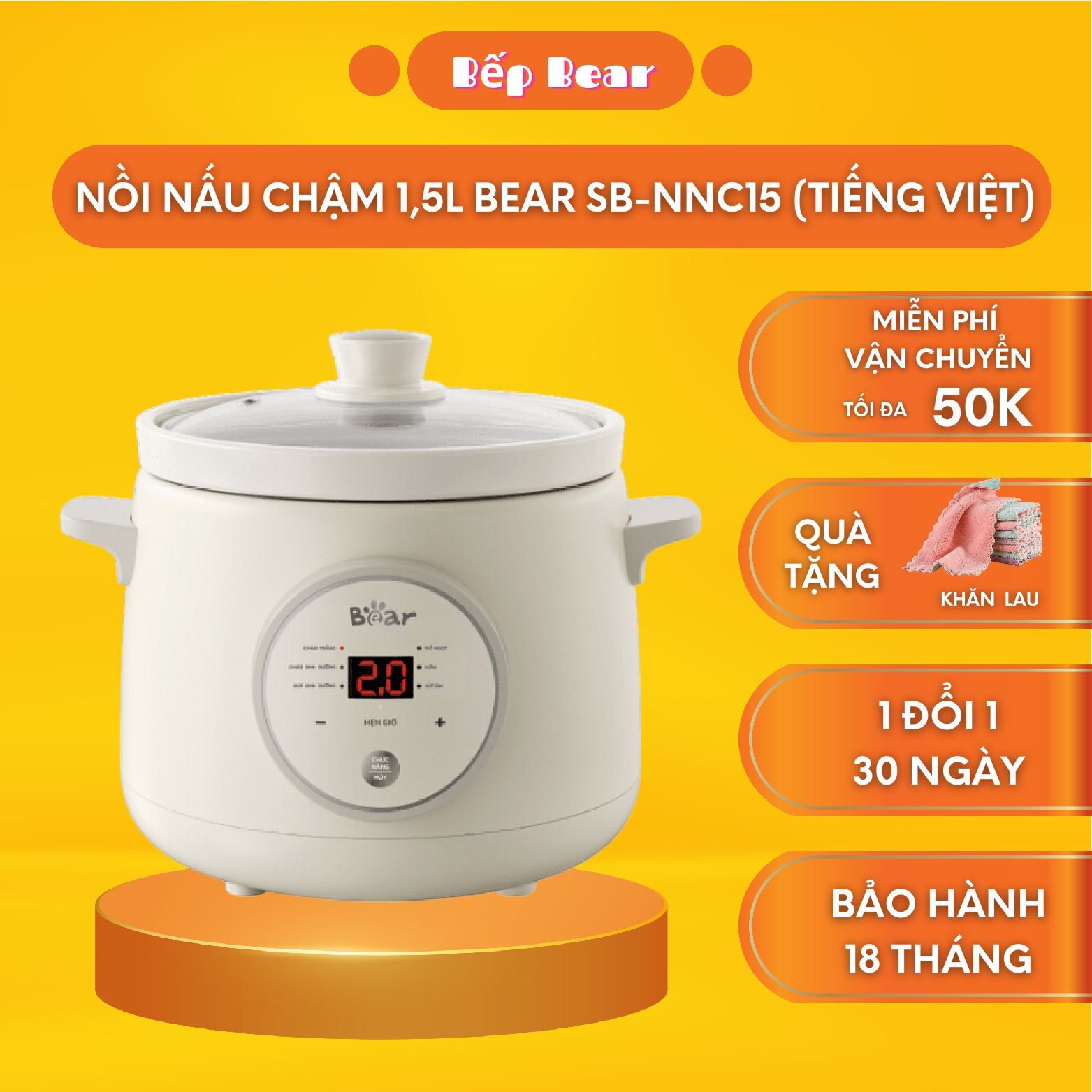 Nồi nấu chậm bear đa năng 1,5l nấu cháo, hầm nhanh, nấu chậm trực tiếp, kho thịt kho cá giữ ấm sb-nnc15 - bản tiếng việt