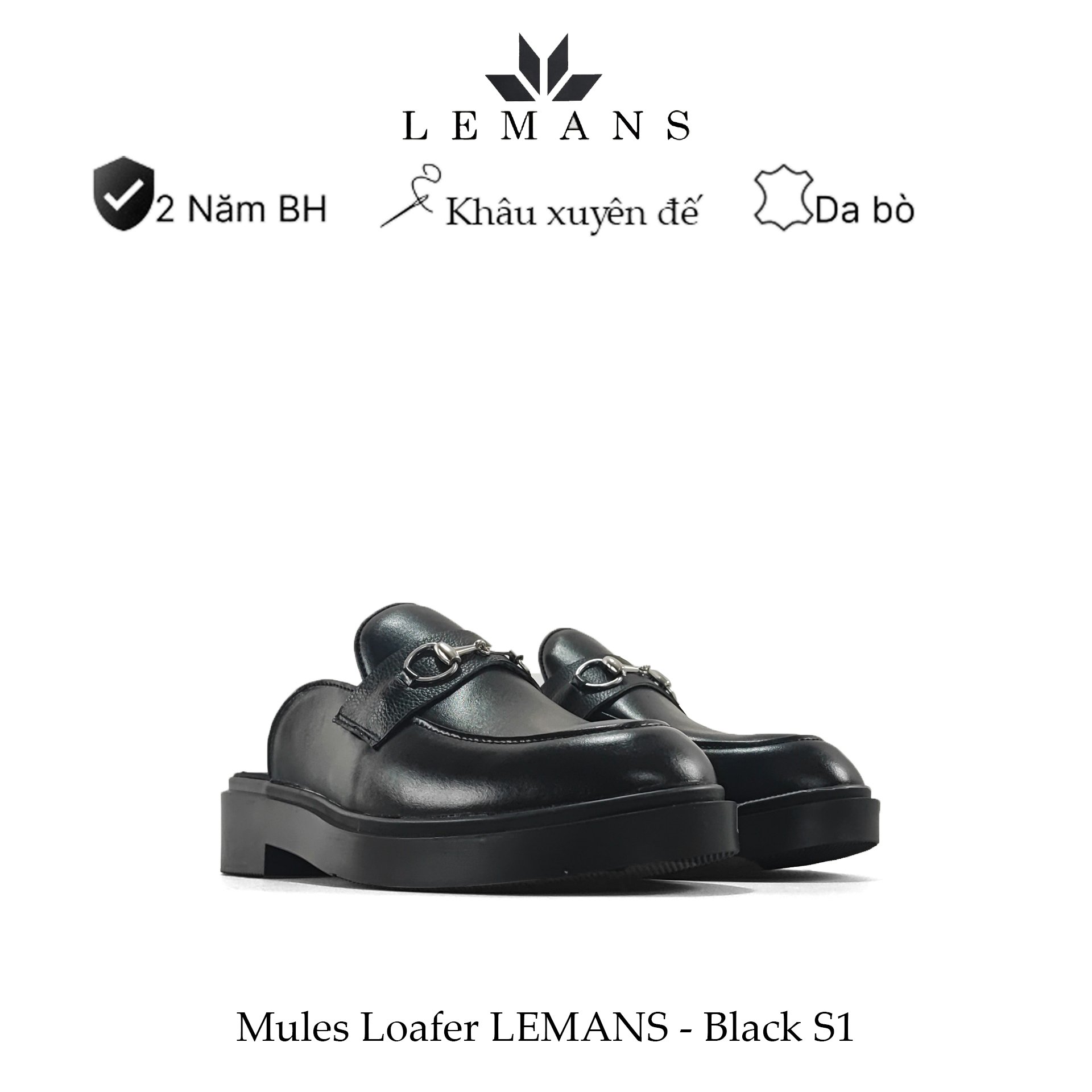 Giày Sục Tăng Cao 4cm LEMANS Mules Loafer - Black White. Da bò nguyên tấm nhập khẩu. Đế khuôn độc quyền. Bảo hành 24 Tháng