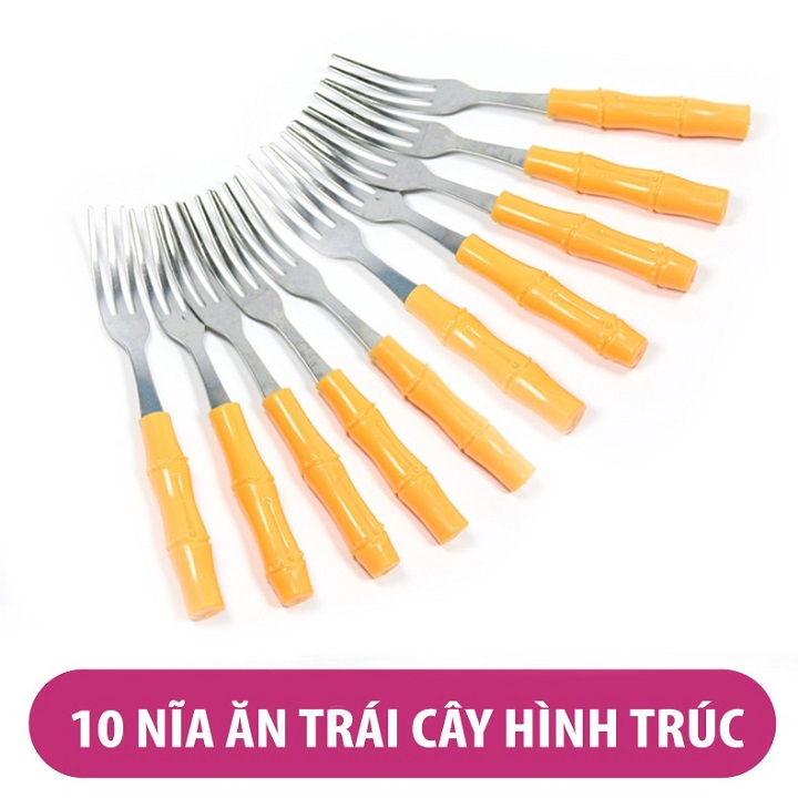 Combo 10 cây dĩa inox cán nhựa hình cây trúc dùng ăn hoa quả rất tiện dụng, bền đẹp