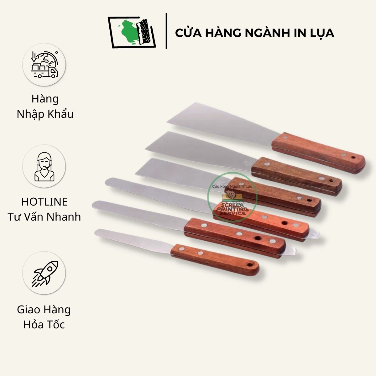Dao inox khuấy mực in lụa, keo chụp bản