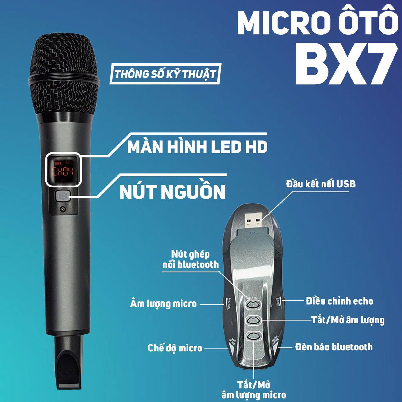 Bộ 2 Micro Karaoke Cho Ô Tô BX7 Cao Cấp - Micro Không Dây Đa Năng Hát Trên Ô Tô -  Mic Hát Trên Xe Hơi - Micro Không Dây Hát Cho Ô Tô Cực Hay - Độ Nhạy Cao - Chống Hú Tốt - Kết  Nối Đa Dạng Với Ô Tô, Tivi, Loa BlueTooth, Mixer, Amply...
