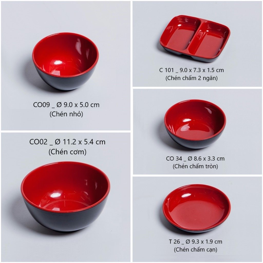 Chén nhựa melamine màu đỏ đen 2 lớp các loại