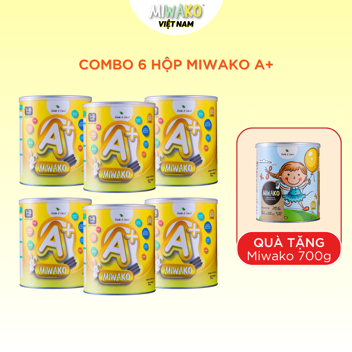 Combo 6 Hộp Sữa Bột Miwako A+ Thực Vật 700g Vị Vani Nhập Khẩu Chính Hãng