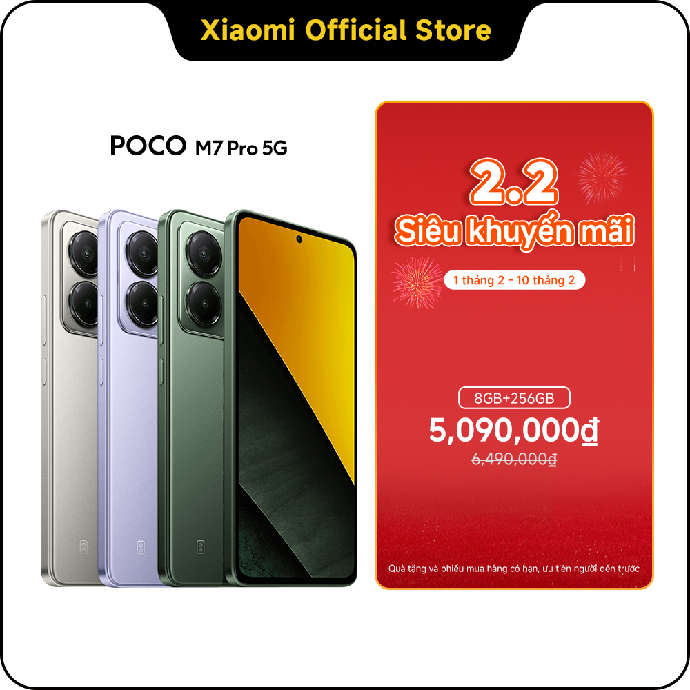 Poco M7 Pro (8 + 256GB) | 7025-Ultra Boost processor | high efficiency and powerful 5G 6nm processor | AMOLED FHD + 120Hz Display for eye protection Giá 5,090,000 Đồng*Miễn phí vận chuyển
