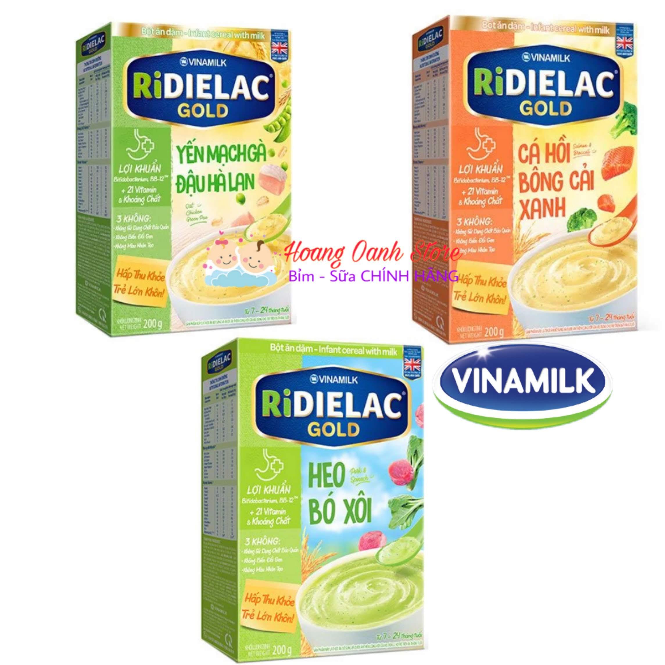 Combo 3 HỘP - Bột ăn dặm Ridielac Hộp Giấy 200g - Heo Bó Xôi - Yến Mạch Gà Đậu Hà Lan - Cá Hồi Bông