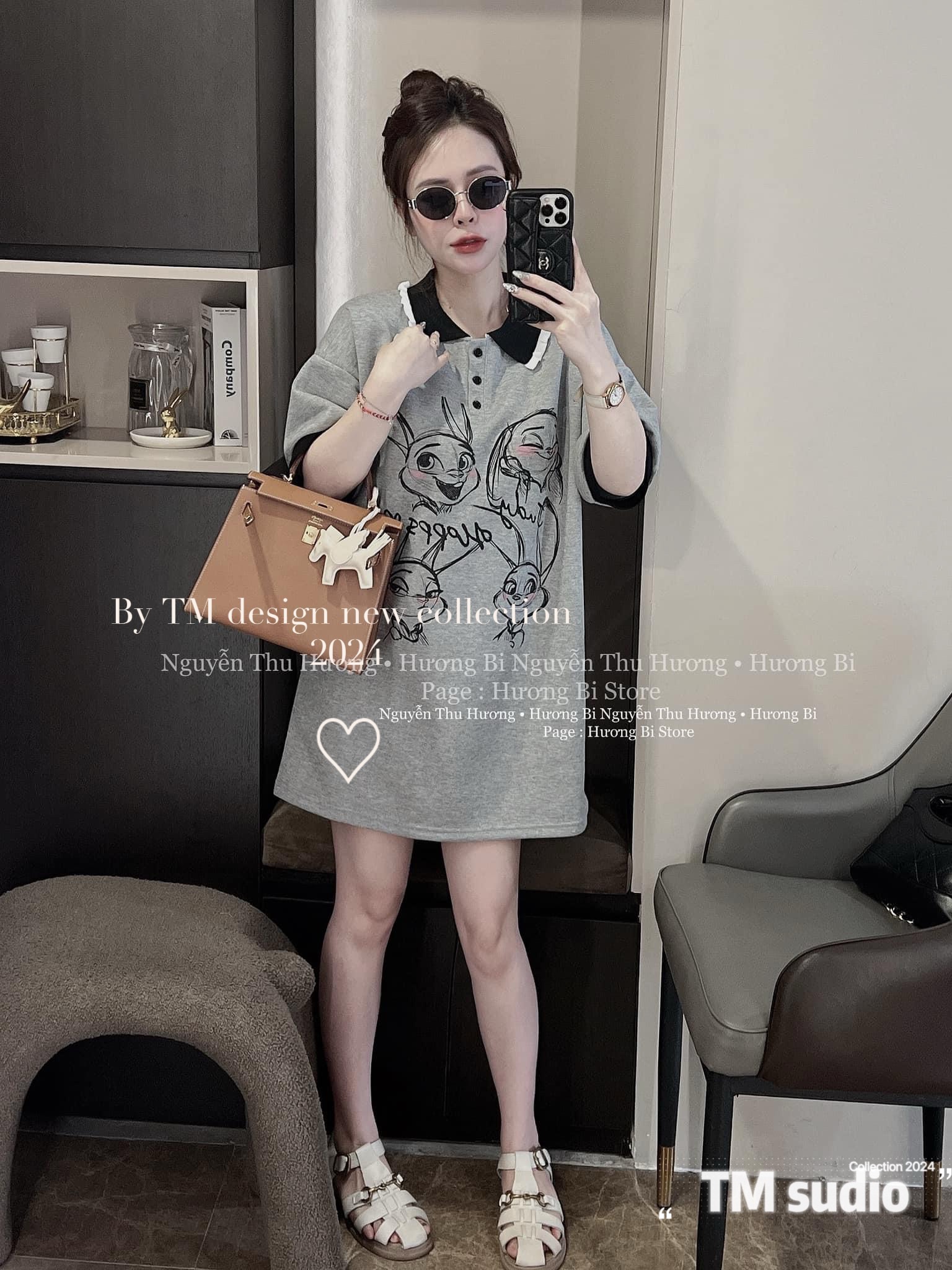 Đầm váy dáng suông cổ polo bèo phối cúc cài tay cộc viền đen basic mix in hình thỏ siêu cute dễ thương style hàn quốc