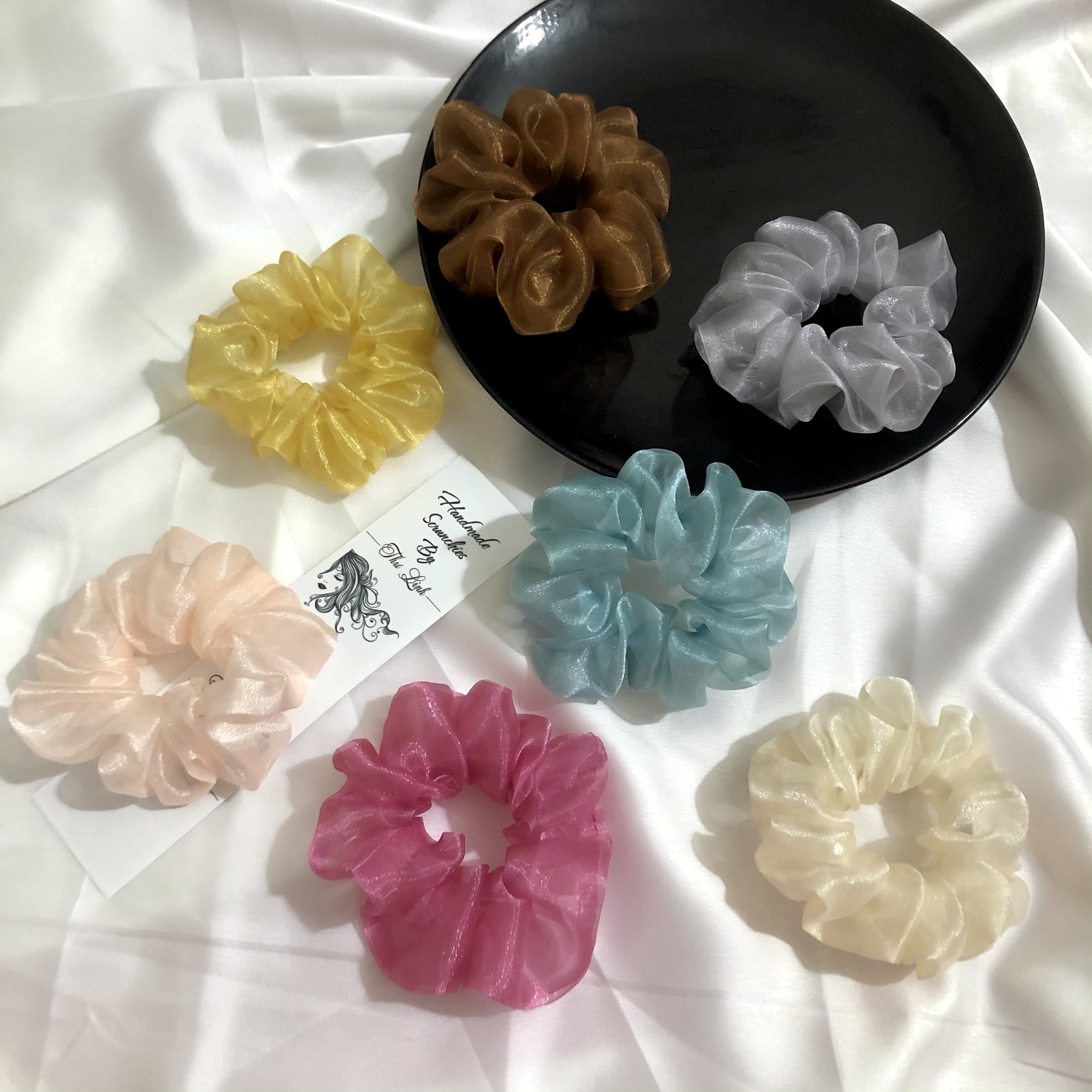 Scrunchies dây buộc tóc, cột tóc voan kính cao cấp