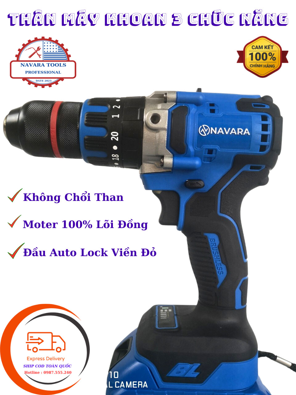 Thân máy khoan pin Navara 7003 không chổi than không chổi than- đầu kẹp viền đỏ