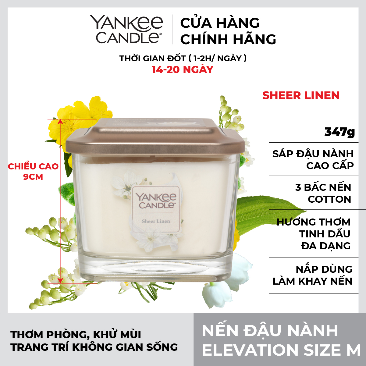 Nến ly vuông Elevation Yankee Candle size M - Sheer Linen