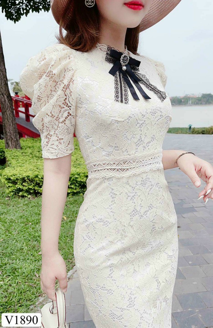 Đầm ren tay phồng thời trang chất ren cao cấp
