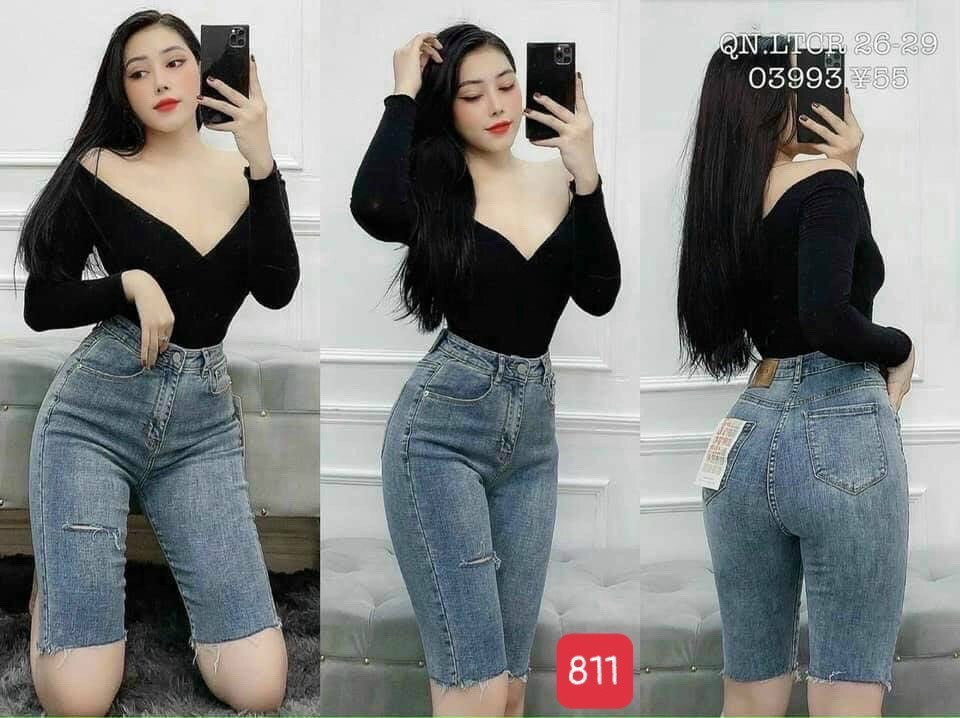 [HCM]quần short jean lửng kiểu ngố ôm dáng - quần jean lửng nữ chất bò cao cấp - quần jean ngố nữ lưng cao tôn dáng phối rách cá tính thời trang julyshop94 js811