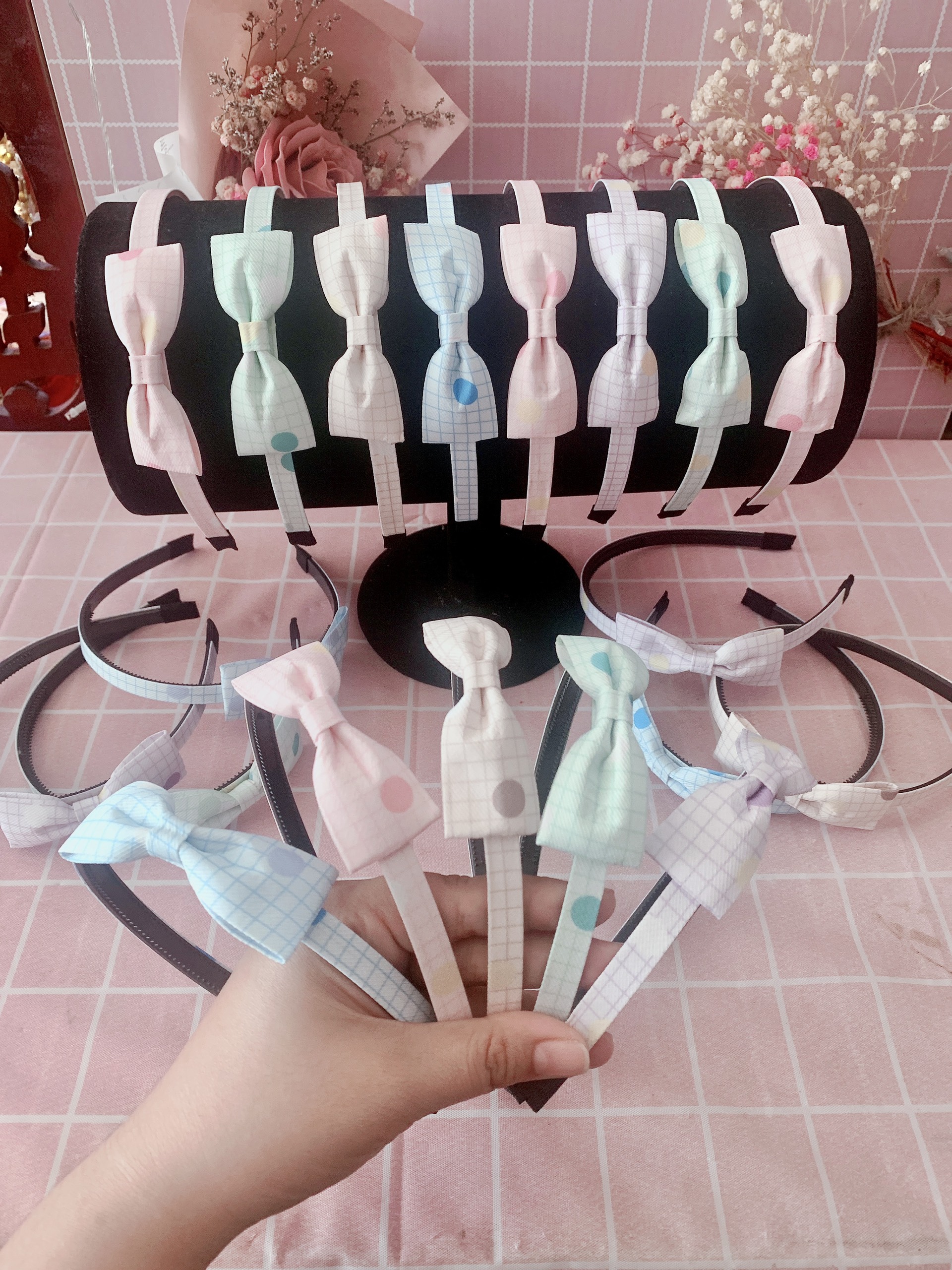 Cài tóc bờm tóc nơ họa tiết caro bi lớn cho bé gái