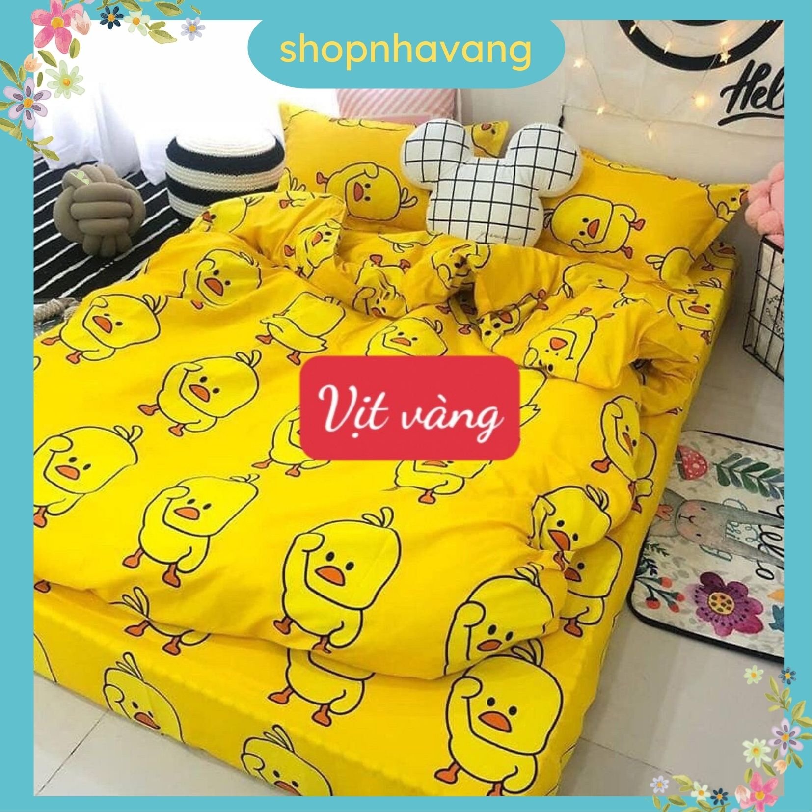 Bộ sản phẩm ga gối 3 món cotton poly 1m8x2m nhiều mẫu, vịt vàng