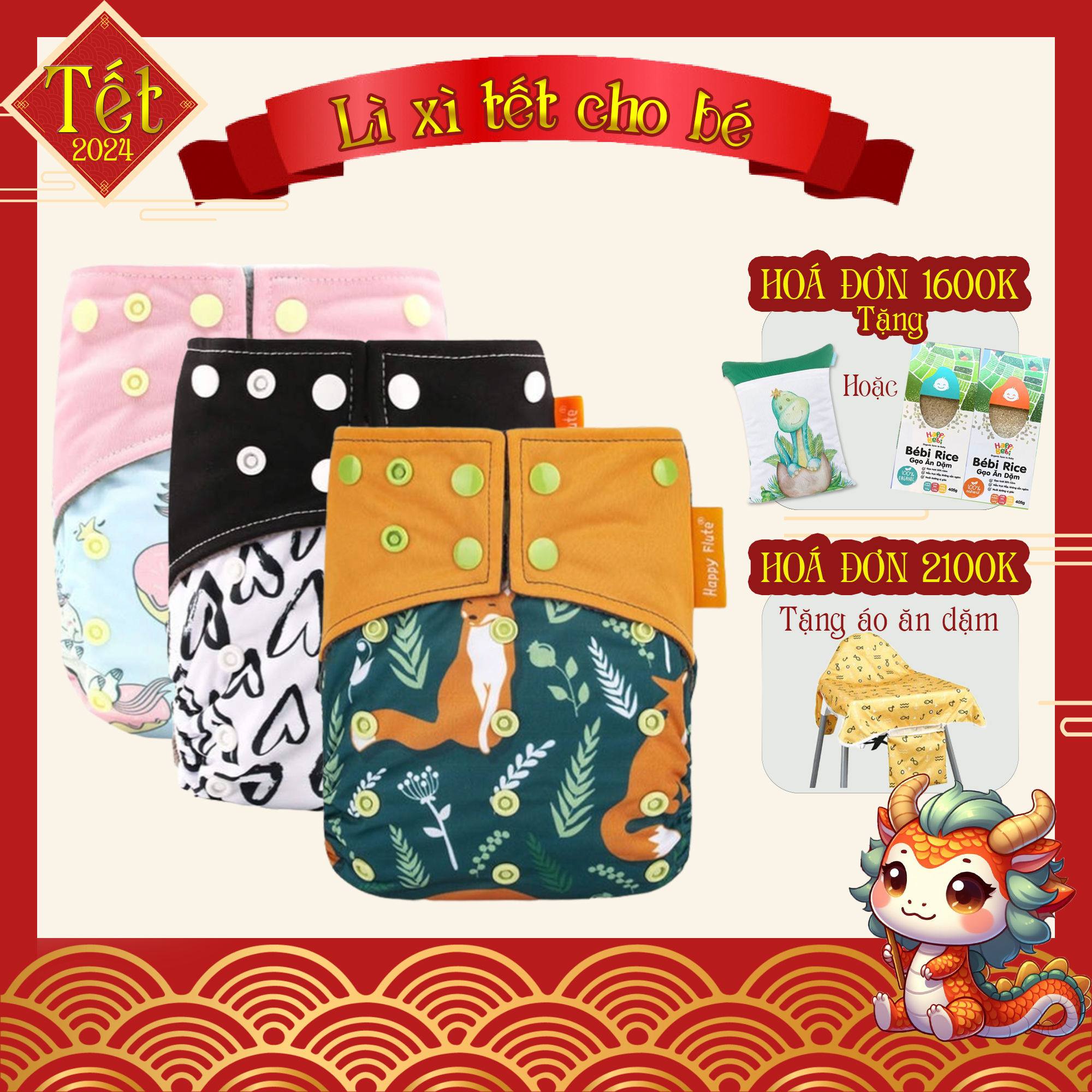 Bỉm Tã vải Happy Flute Than tre kháng khuẩn 2 rãnh chống tràn dành cho bé từ 3 - 15kg