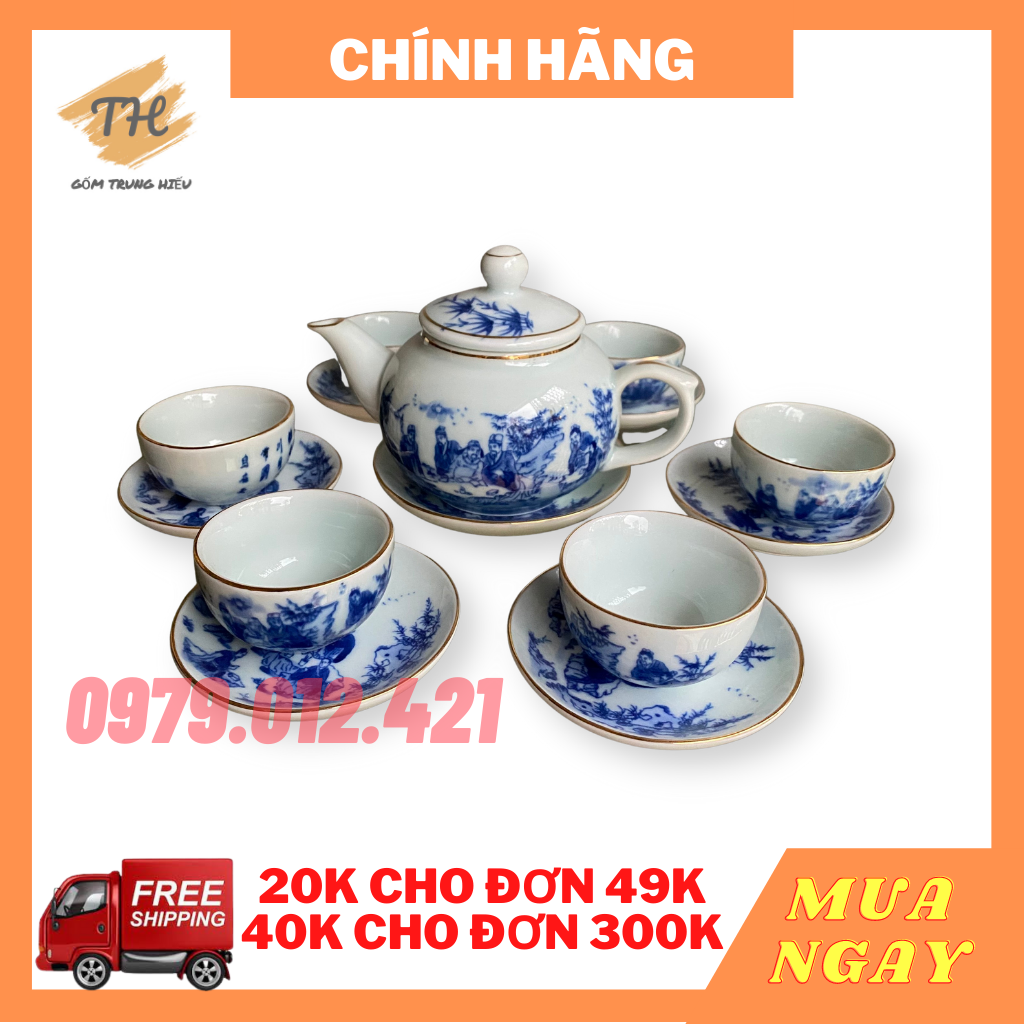 Bộ ấm chén Bát Tràng men lam Quả hồng kẻ chỉ vàng