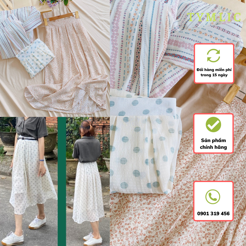 Chân váy midi họa tiết xếp ly TYMLIC