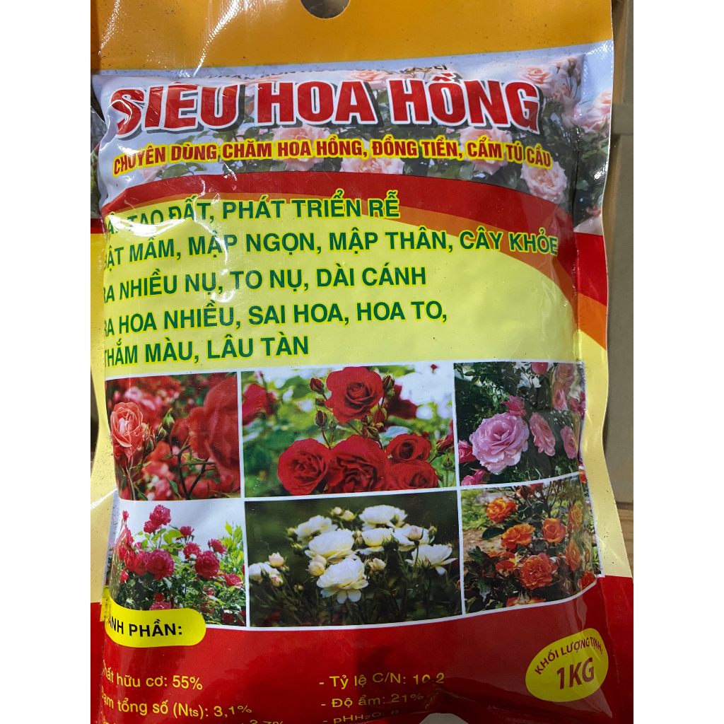 Phân bón hữu cơ Siêu Hoa Hồng chuyên dùng chăm hoa hồng, đồng tiền, cẩm tú cầu gói 1kg