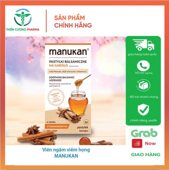 Viên ngậm họng Manukan vị quế mật ong - Hỗ trợ làm dịu cơn ho - Hộp 2 vỉ x 8 viên