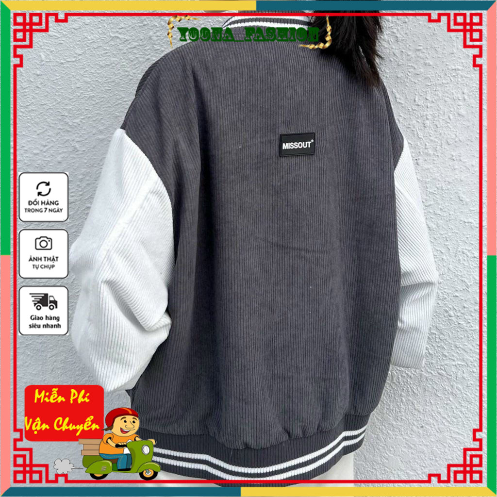 Áo khoác bomber, áo khoác nhung tăm rộng dài thêu logo missout độc đáo.at