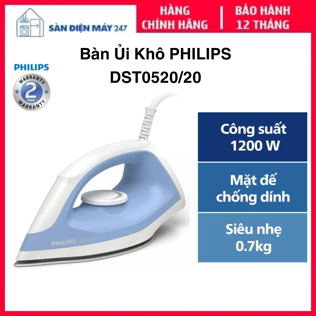 Bàn Ủi Khô Philips - DST0520/20, Công Suất 1200W, Hàng Chính Hãng - Bảo Hành 24 Tháng.