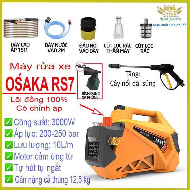 Máy rửa xe osaka s500 áp lực cao - công suất 3000w - lõi đồng 100% - có chức năng chỉnh áp - bảo hành 12 tháng