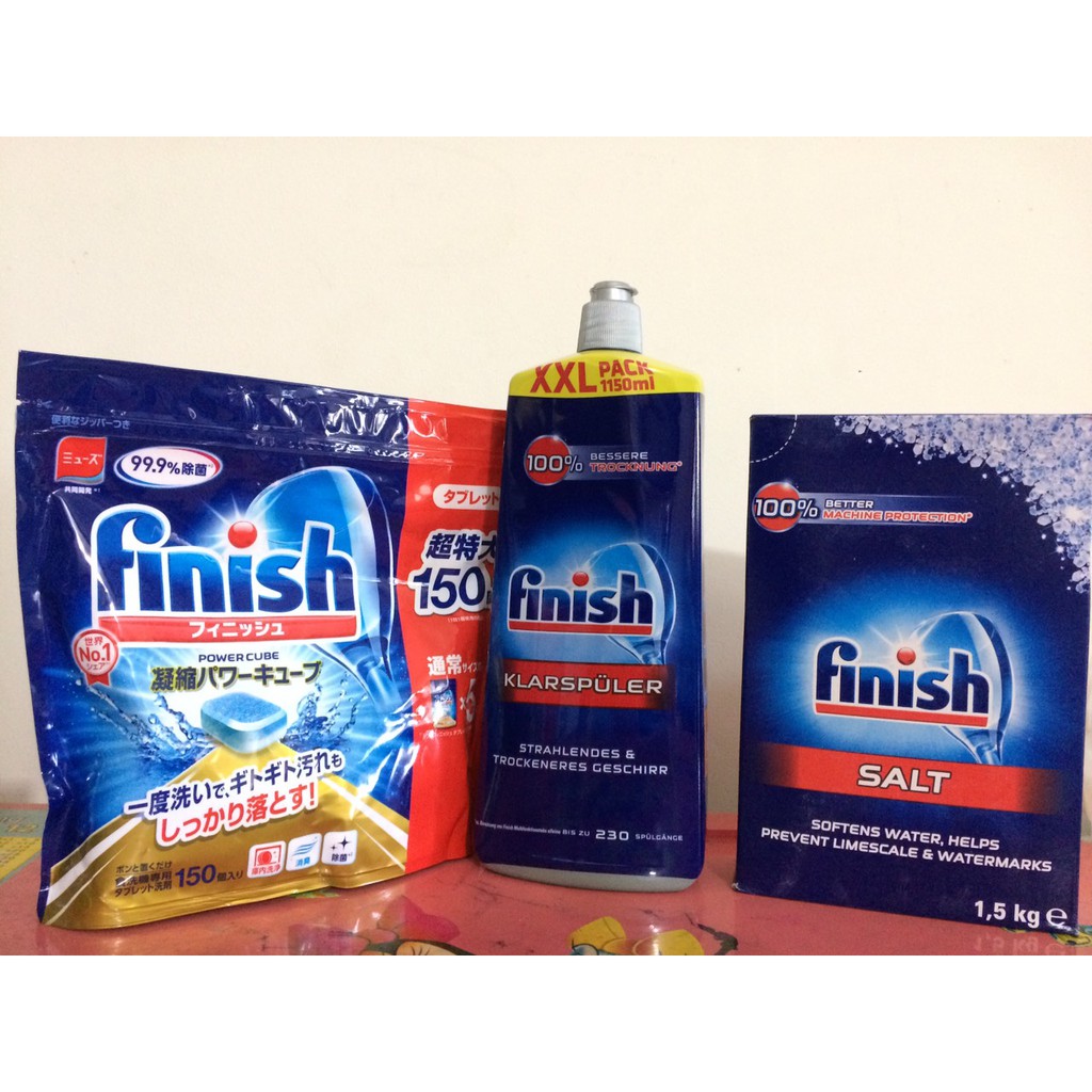 Bộ combo viên rửa bát Finish 150 viên + nước làm bóng finish 750ml + muối finish 1,2kg