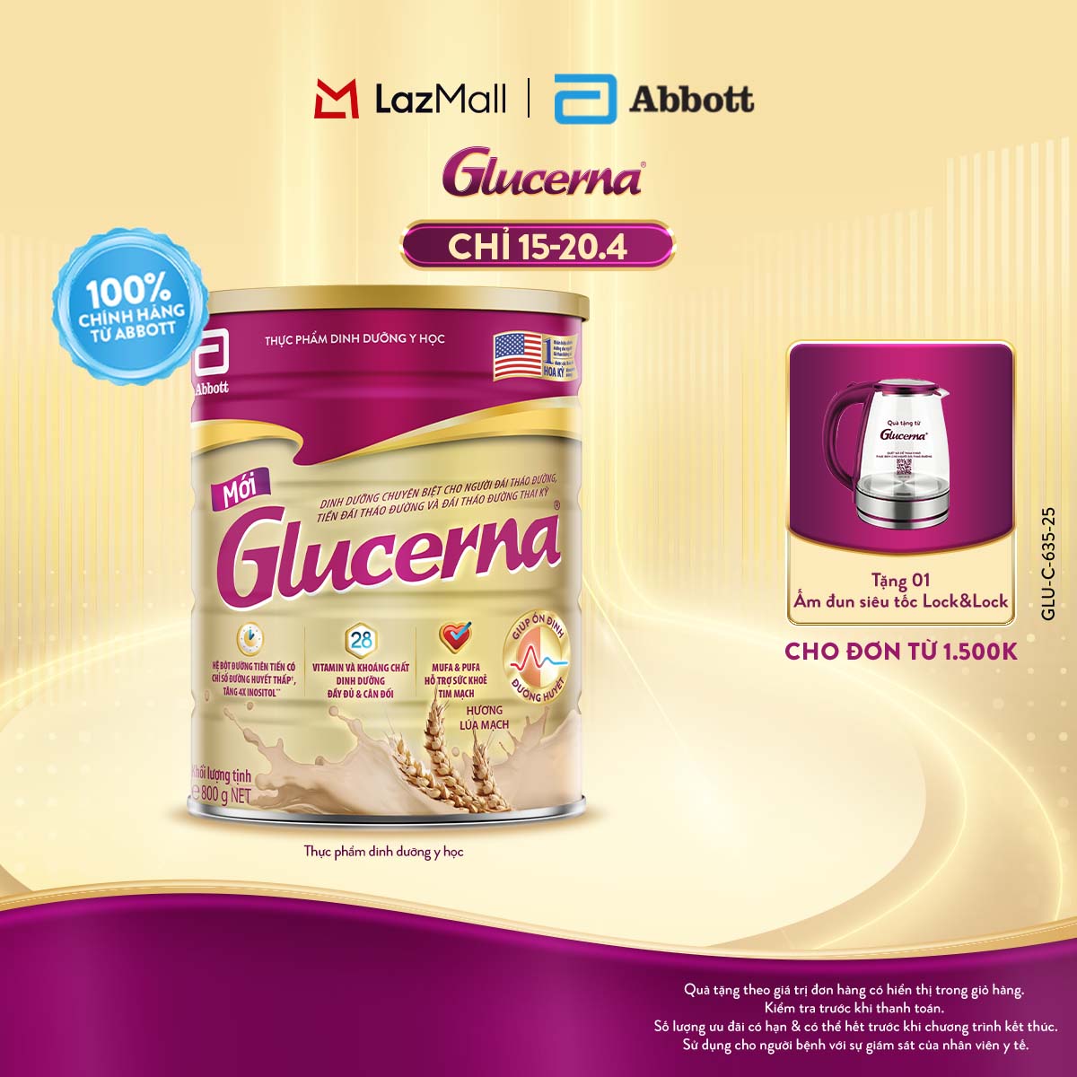 [CHỈ 15-20.04 QUÀ TẶNG CHO ĐH 1500K-SLCH] Sữa bột Glucerna hương lúa mạch 800g