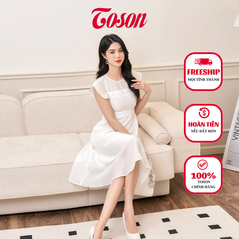Đầm tơ trắng dáng xòe, vai phủ tà bong Limitted Toson 43080W83