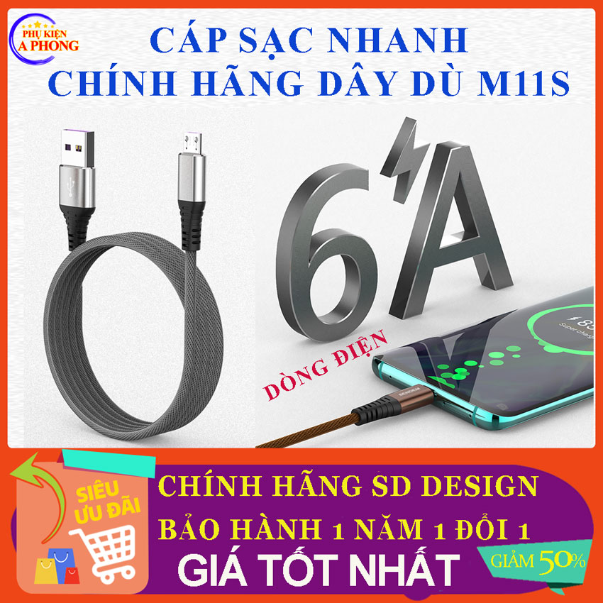 Cáp sạc Nhanh dây dù M11s chính hãng Sd Design, cáp sạc chống đứt, dây sạt chống rối cho điện thoại, bảo hành 12 tháng, 1 đổi 1, dòng điện 6A