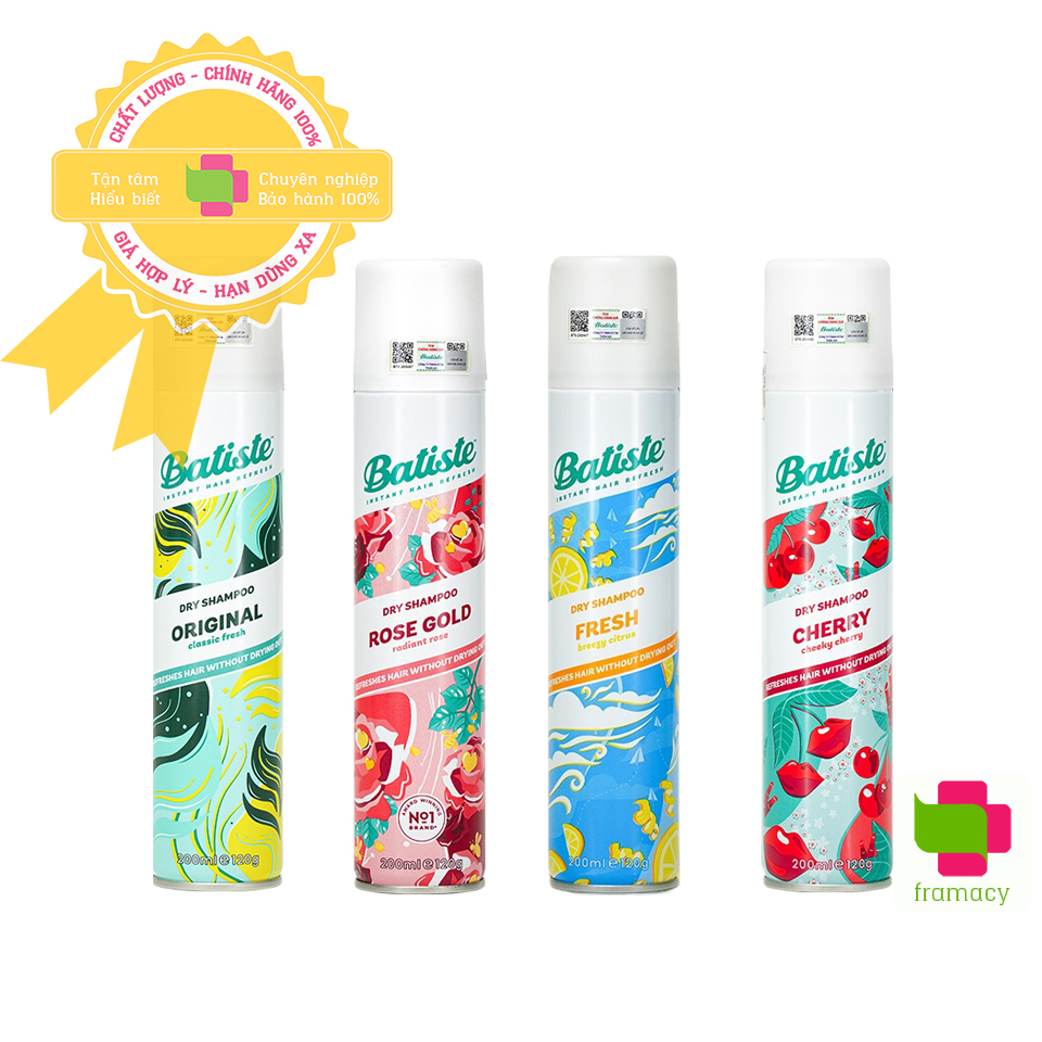 Dầu gội đầu khô Batiste Dry Shampoo, Anh (200ml) giúp tóc sạch bồng bềnh cho người từ 18 tuổi trở lên