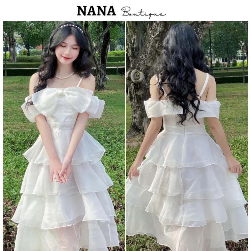 Váy tiểu thư công chúa 4 tầng phối nơ ngực, đầm dự tiệc thiết kế rớt vai có mút ngực