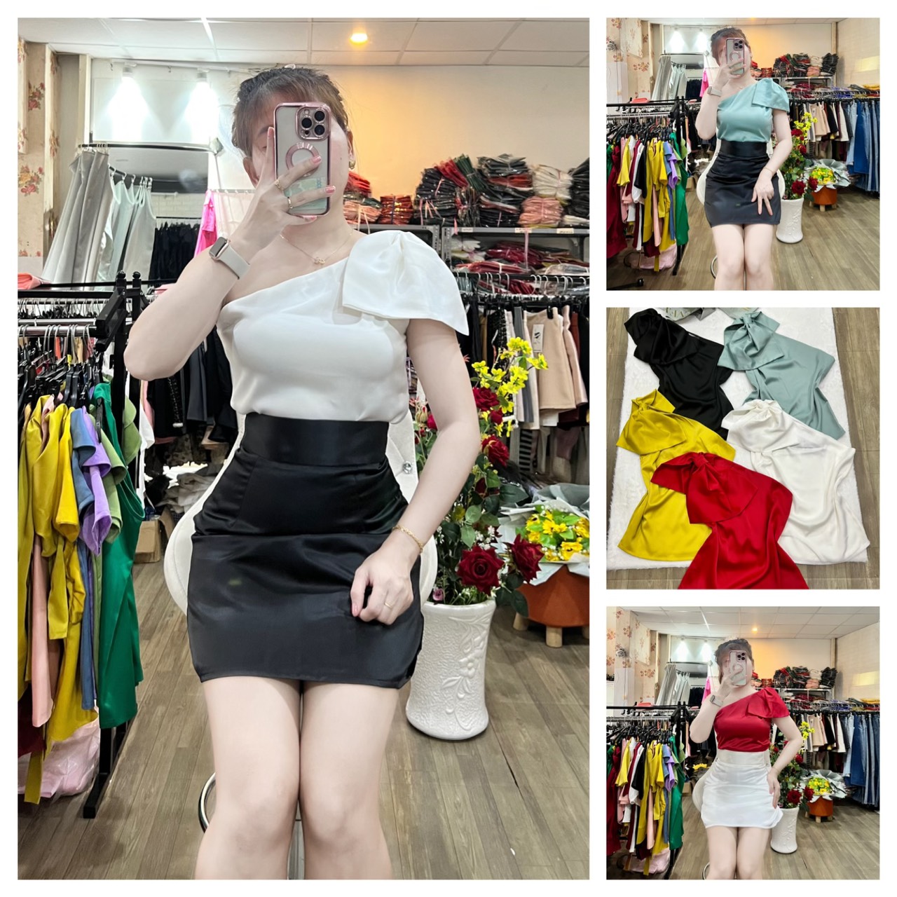 HÌNH THẬT 100% ÁO LỤA NHẬT LỆCH VAI NƠ NHIỀU SIZE, HÀNG THIẾT KẾ