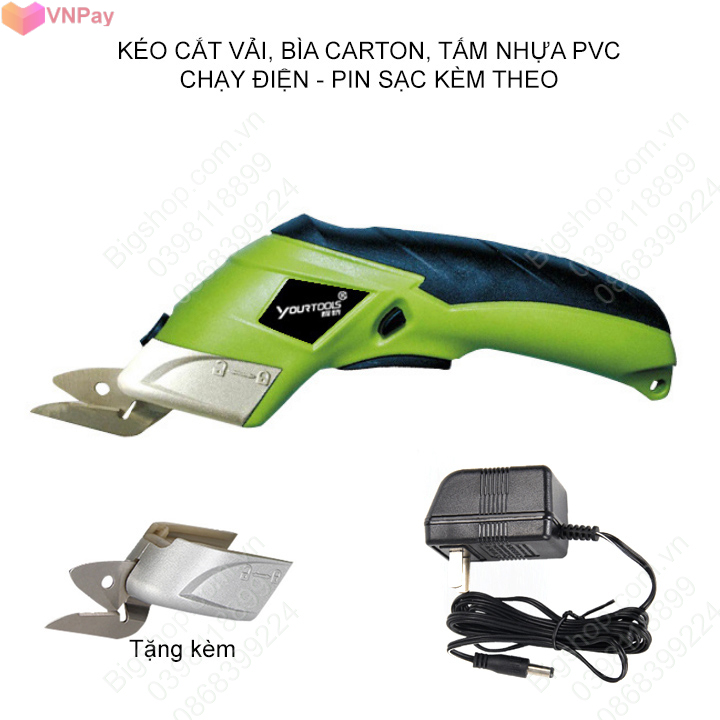 Kéo cắt vải cầm tay chạy pin sạc kem 01 lưỡi dự phòng, cắt vải giấy tấm nhựa PVC