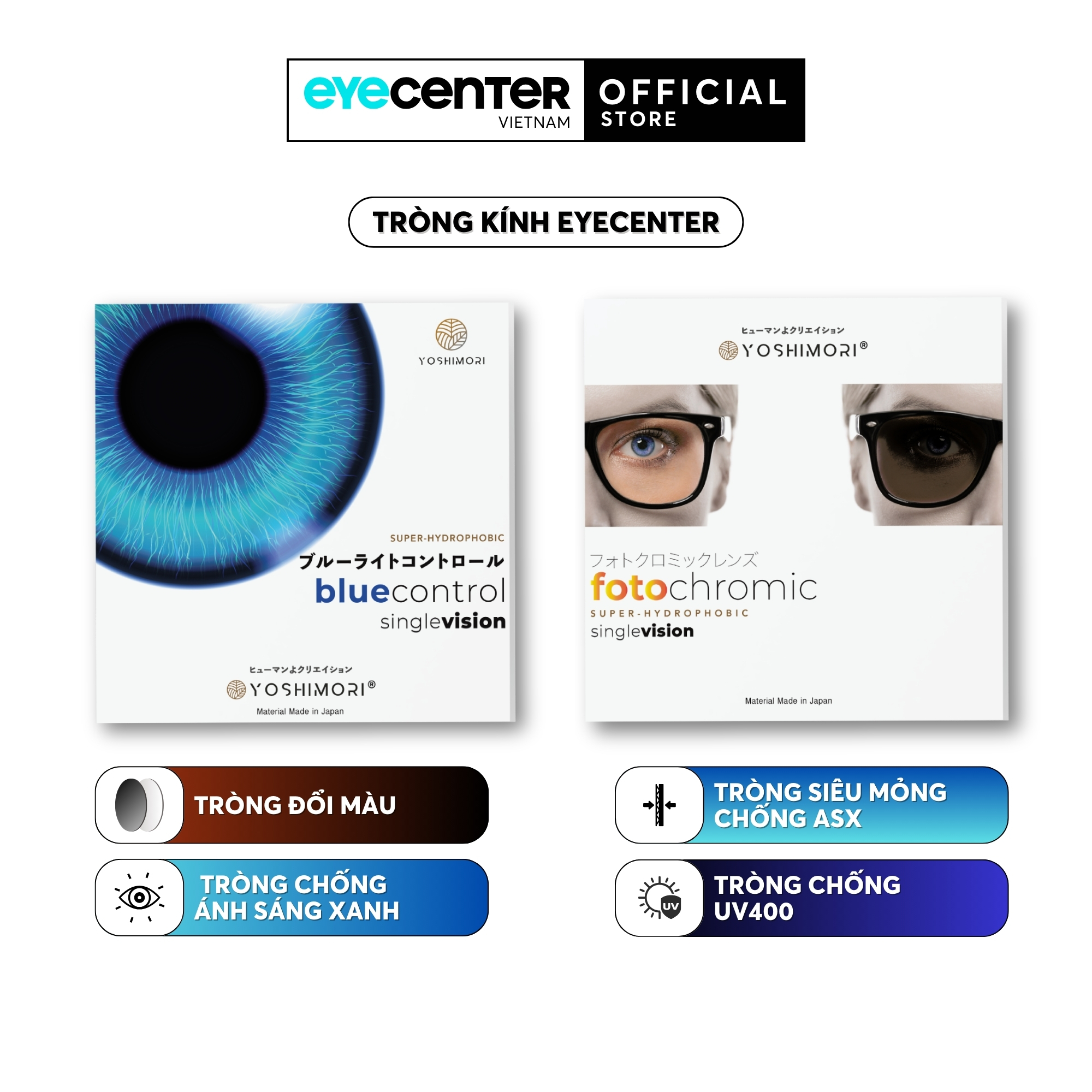 Tròng kính cận viễn loạn có độ Eye Center mắt kính chống ánh sáng xanh chống xước chống UV đổi màu đi nắng