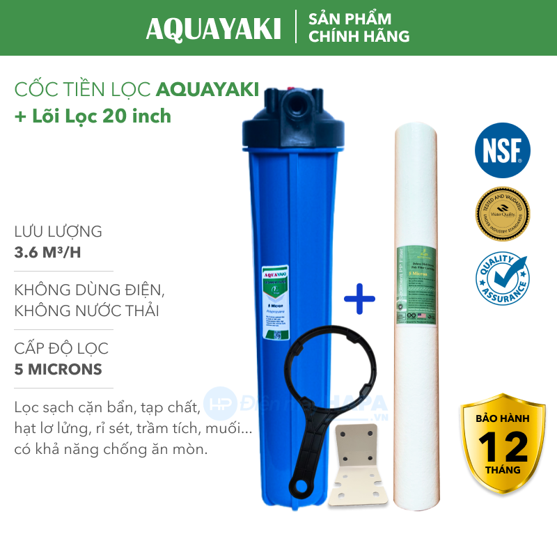 Bộ Tiền Lọc AQUAYAKI 1 Cốc + Kèm Lõi 20 inch, Bộ Lọc Thô Cao Cấp 5 Micron