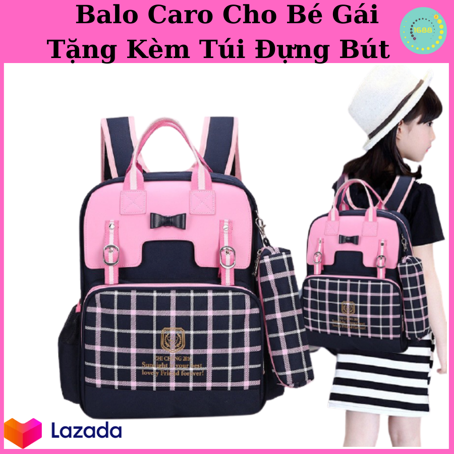 Balo Kẻ Caro Chống Gù Trẻ Em, Balo Sọc Caro Chống Gù Lưng, Chống Thấm Nước Cho Bé Gái Tiểu Học - Cặp Học Sinh Cấp 1  - Tặng Kèm Hộp Bút Tiện Dụng - Bảo Hành Uy Tín 1 Đổi 1 Bởi Tổng Kho 1688
