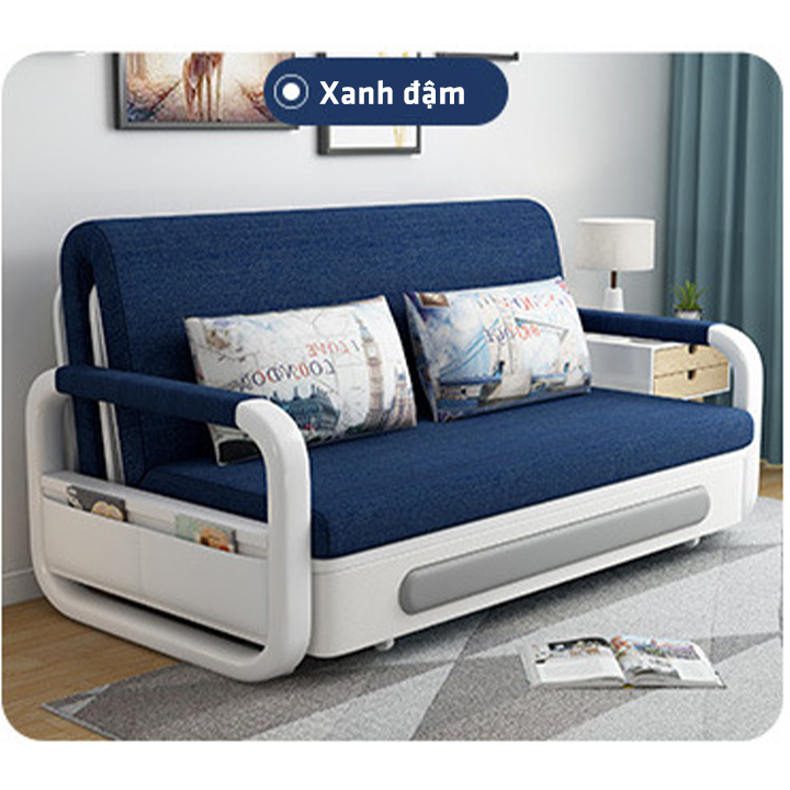 Giường sofa thông minh gấp gọn, sofa giường gấp giường kéo khung sắt sơn tĩnh điện có hộc đựng đồ, da đính đá kt 1.2x1.9m
