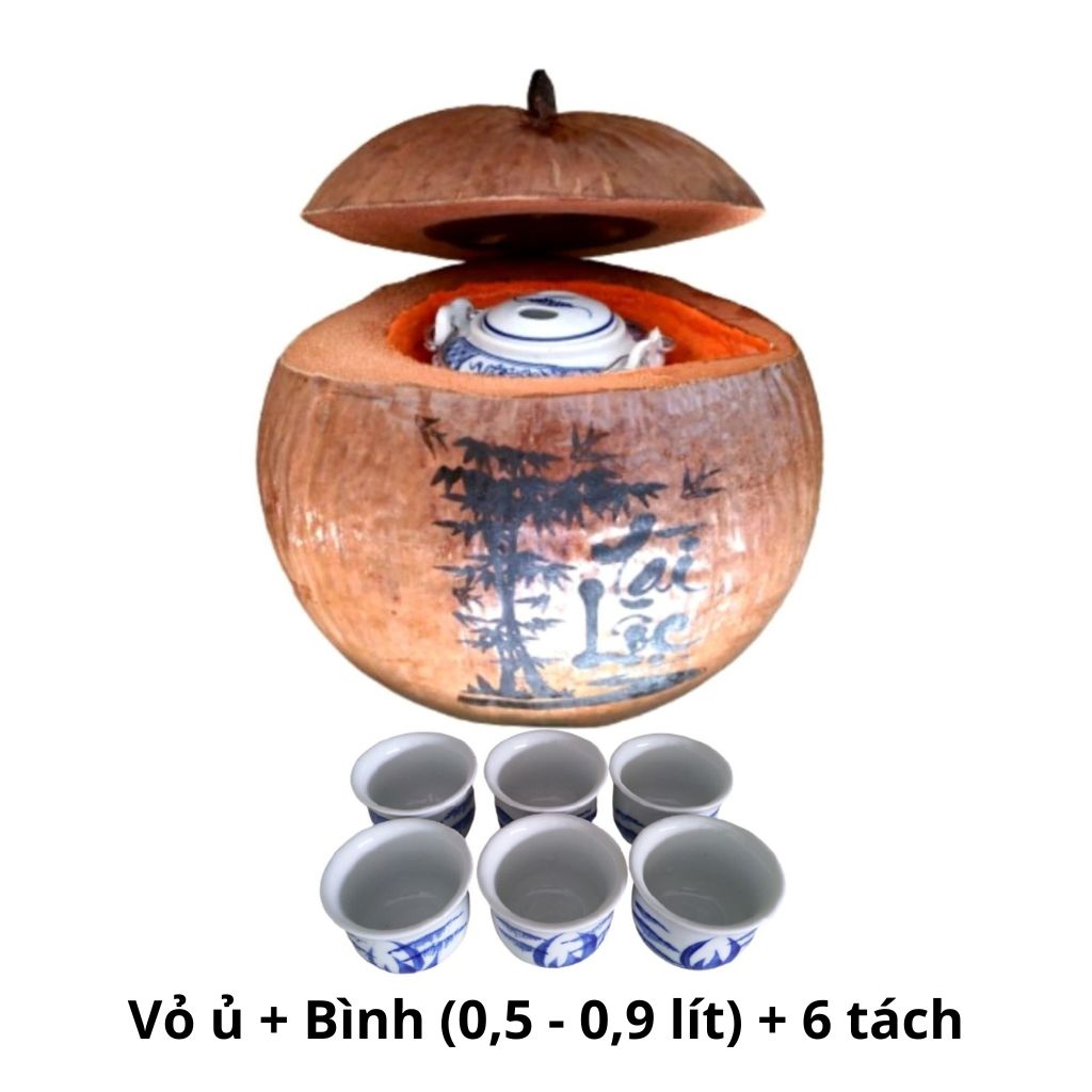 Bình ủ trà trái dừa khắc chữ Tài Lộc / Bình trà 0,4 - 0,9 lít / Giữ ấm từ 3 - 6 giờ / Sản phẩm sản xuất thủ công tại Bến Tre