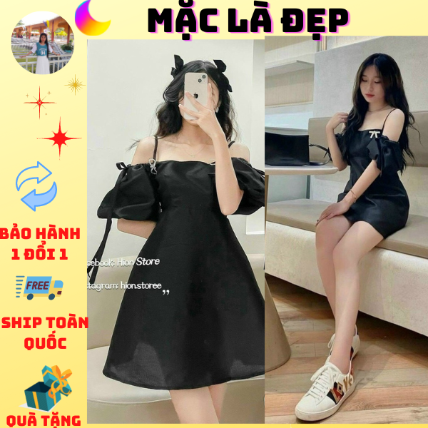 Đầm đen 2s rớt tay phồng đính nơ jl7