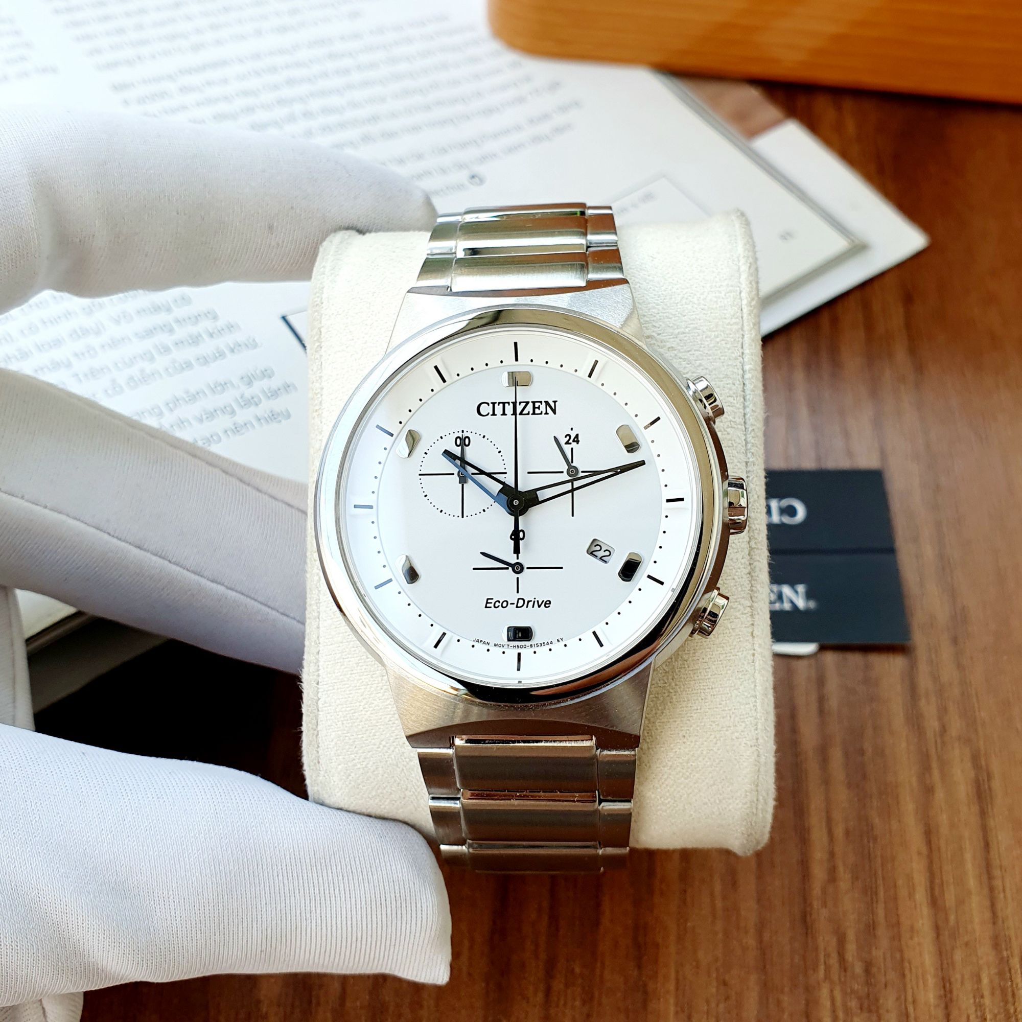 Đổng hồ nam chính hãng citizen ecodrive at2400-81a dial trắng chạy 6 kim