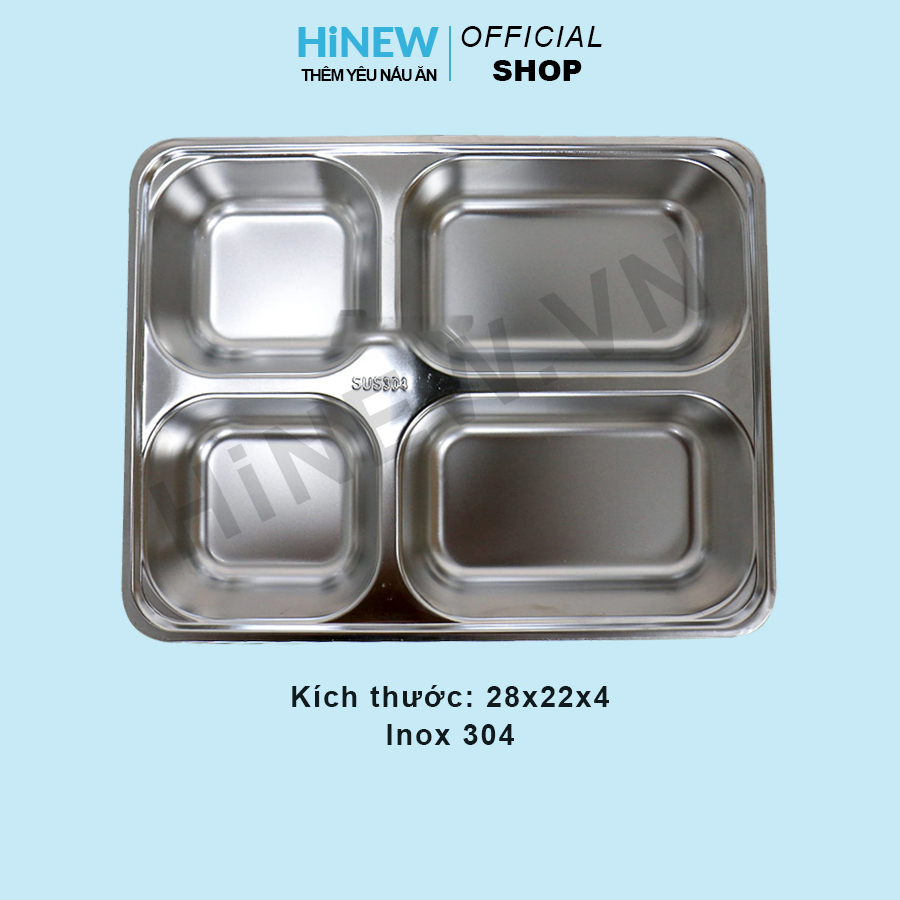 Khay cơm 4 ngăn sâu lòng inox 304/201 kèm nắp inox/nhựa
