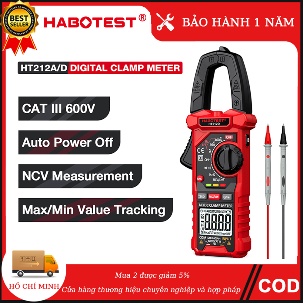 【Ship from Binh Duong HABOTEST HT212 Clamp Multimeter Digital Voltage Meter High Precision 4000 Counts LCD Display Ammeter Smart AC Current Voltage Tester Data Hold