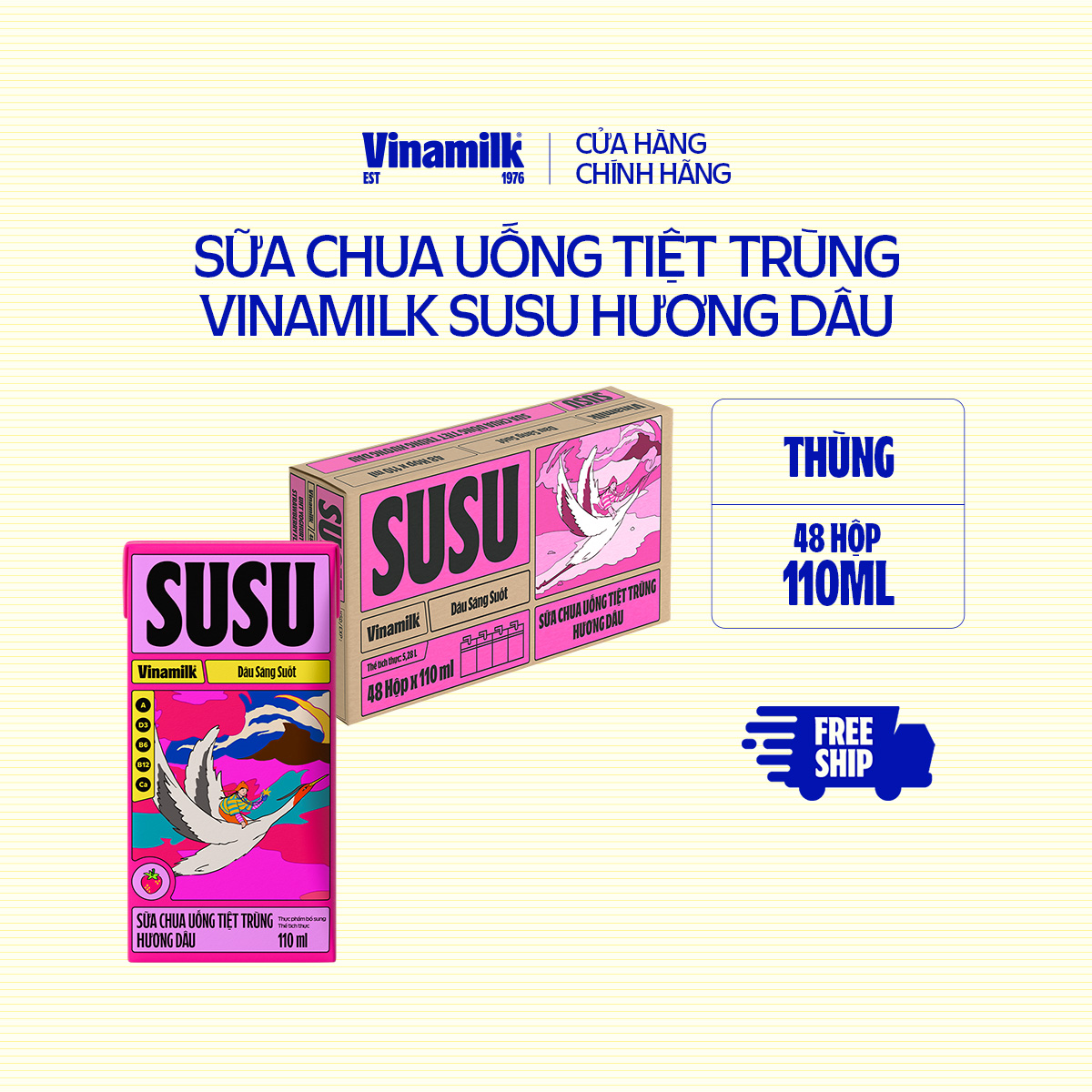 Sữa Chua Uống Tiệt Trùng Vinamilk SuSu hương Dâu - Thùng 48 hộp 110ml