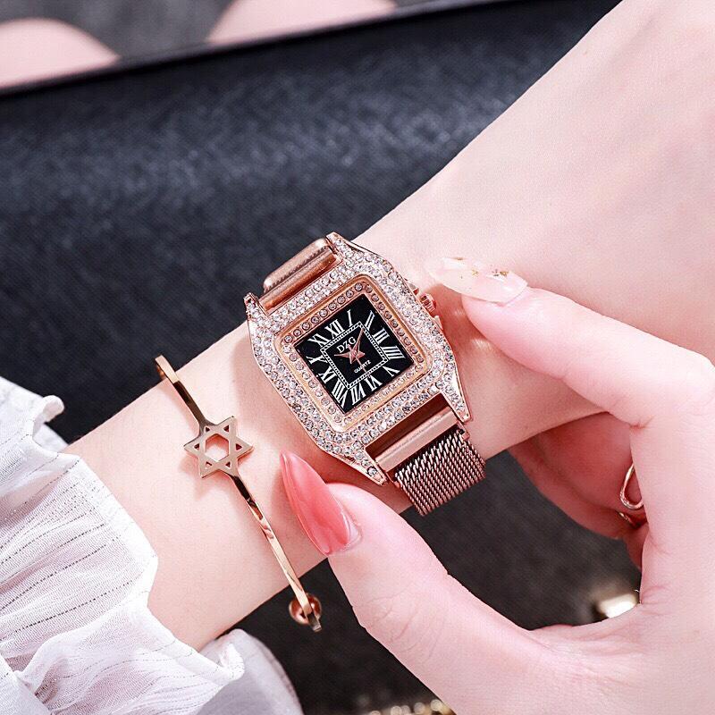 Đồng hồ thời trang nữ DZG dây lưới nam châm mặt chữ nhật đính đá cực đẹp BL79