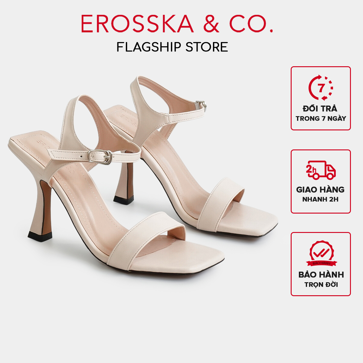 [Form nhỏ tăng 1 size] Erosska - Giày sandal cao gót nữ mũi vuông quai mảnh cao 9cm màu nude - EB058
