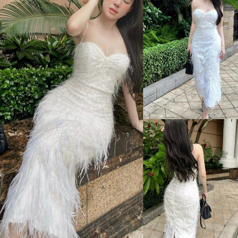 Đầm dạ hội lông vũ dây kết cườm