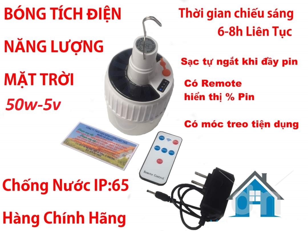 Đèn led buld Năng Lượng Mặt Trời 50w- Có Remote Điều Khiển, Pin Lithium cao cấp tăng tuổi thọ của đèn., thời gian dài không sử dụng đèn không bị hỏng , không chết pin